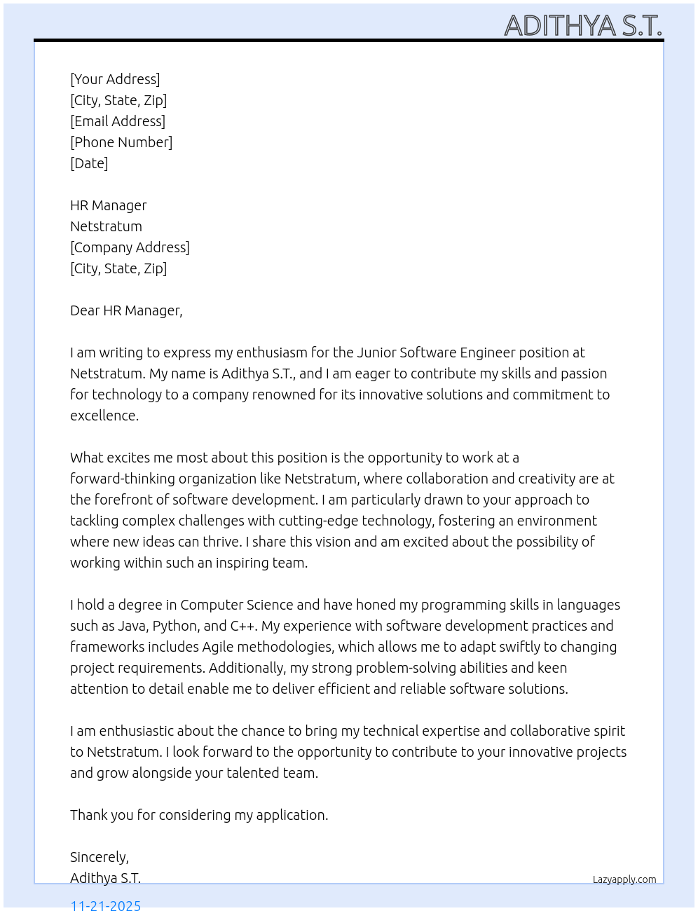 Junior Software Engineer At Netstratum Cover Letter