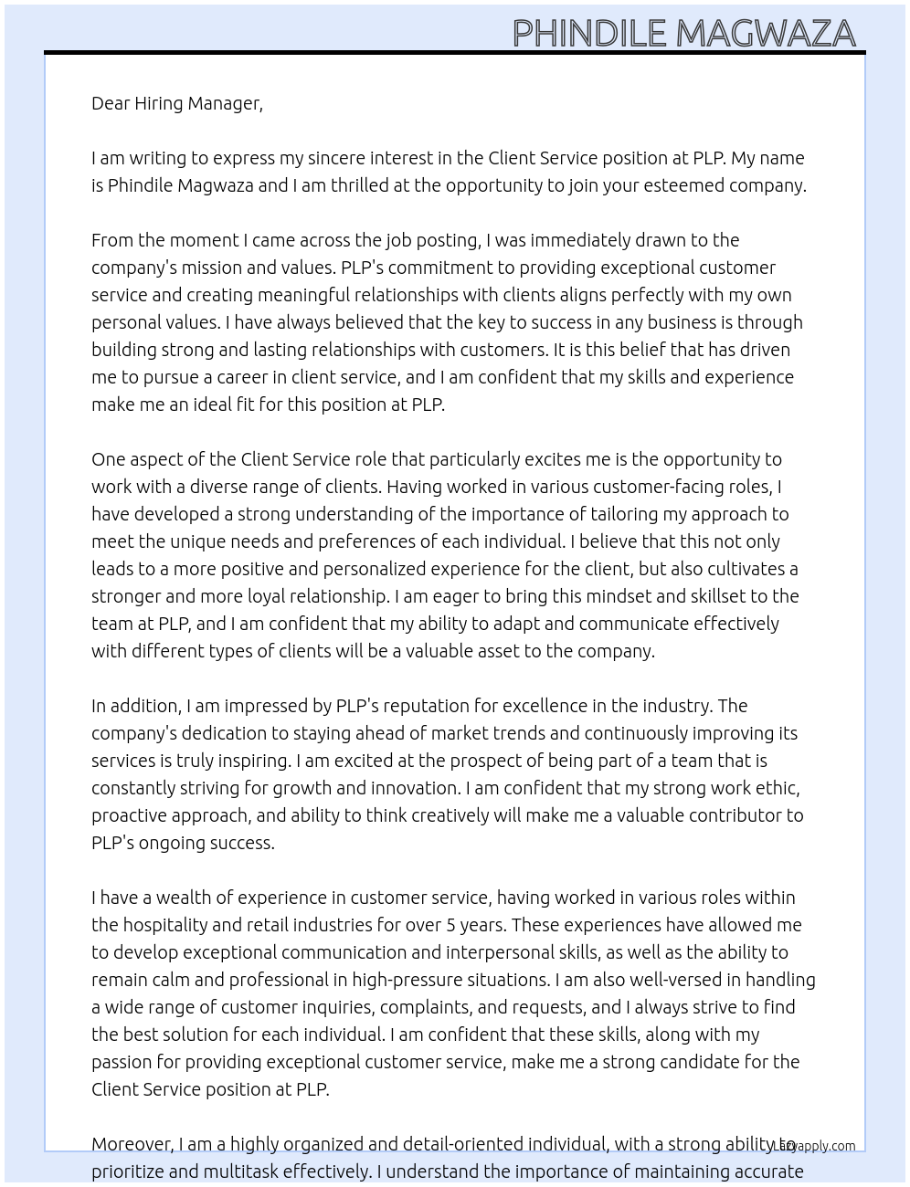 Client Service  At PLP  Cover Letter