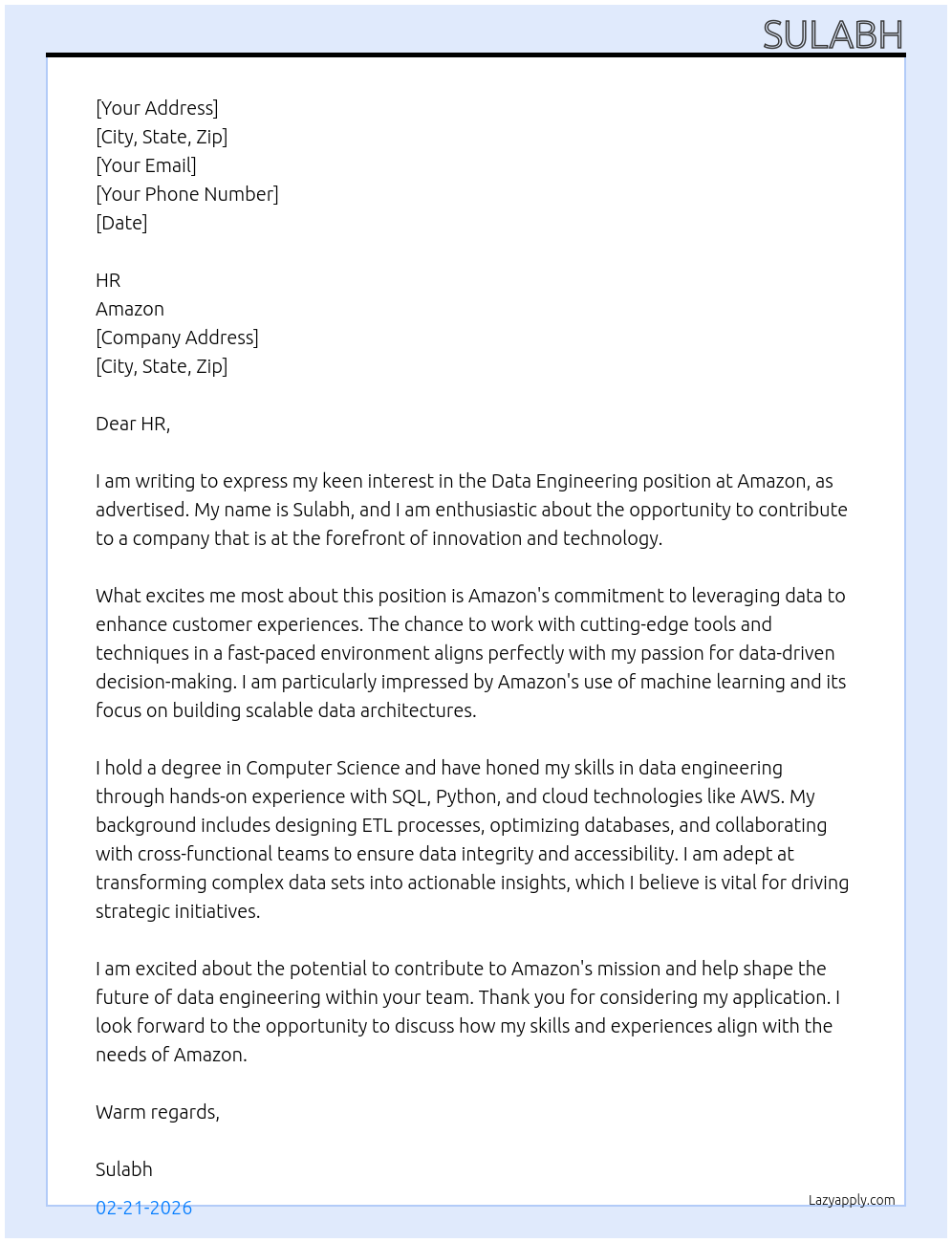 data engineering At amazon Cover Letter