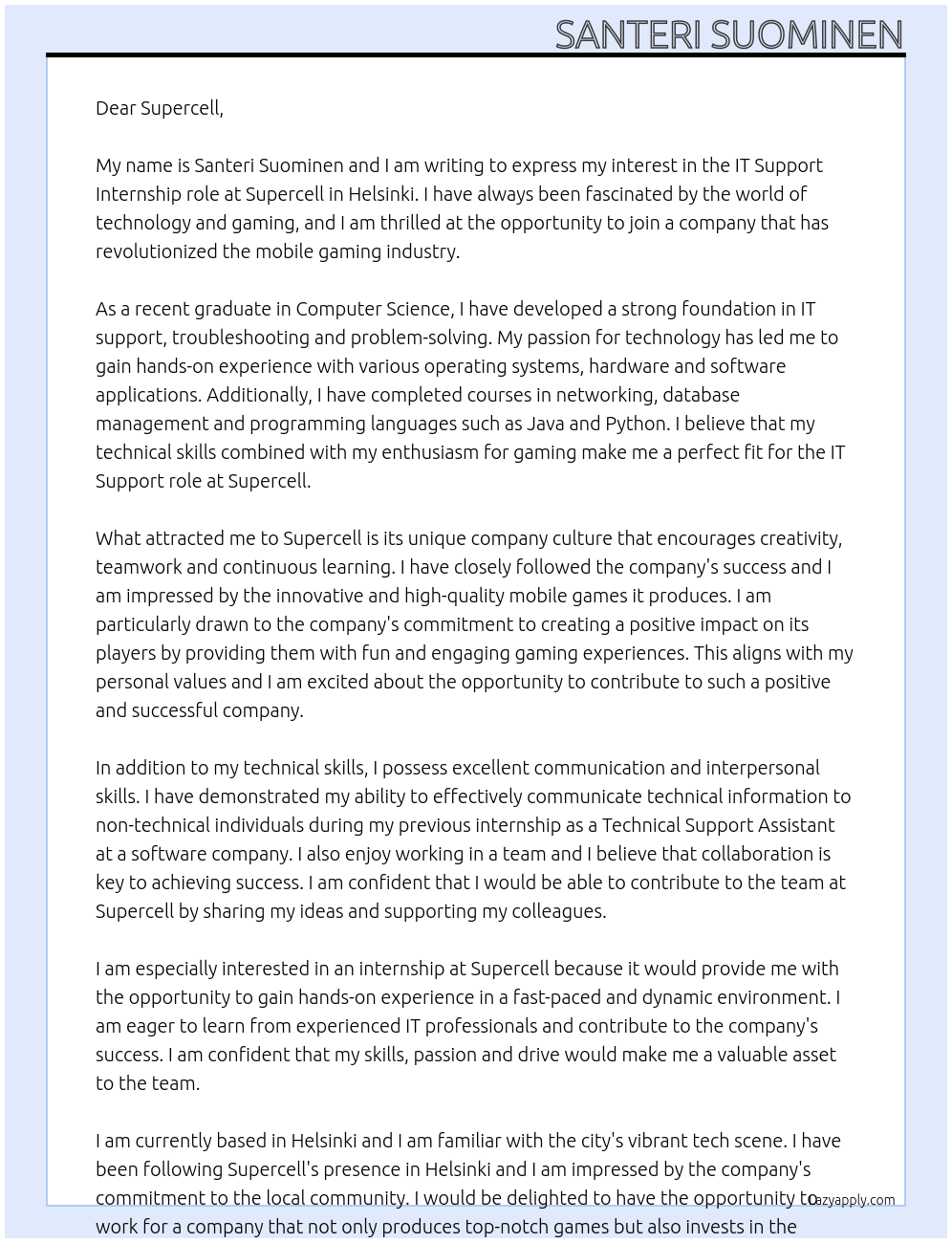 IT Support  At Supercell Cover Letter