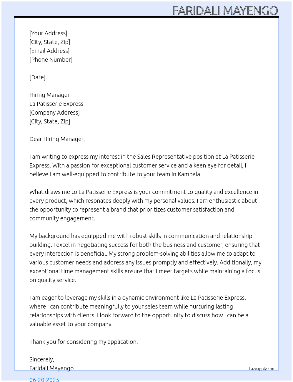 Sales Representative At LA PATISSERIE EXPRESS Cover Letter