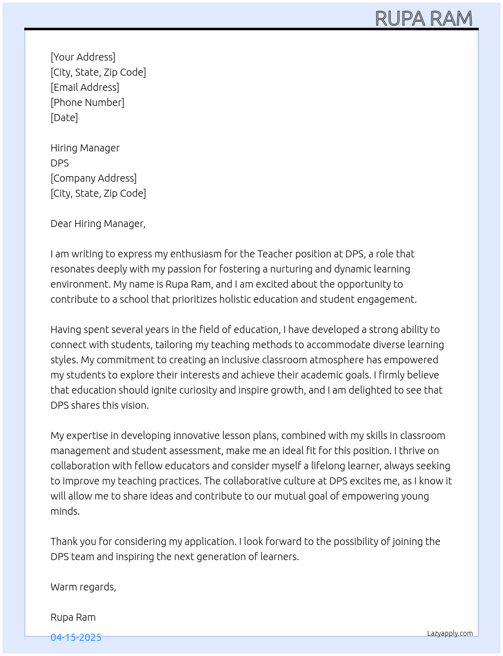 Teacher At DPS Cover Letter