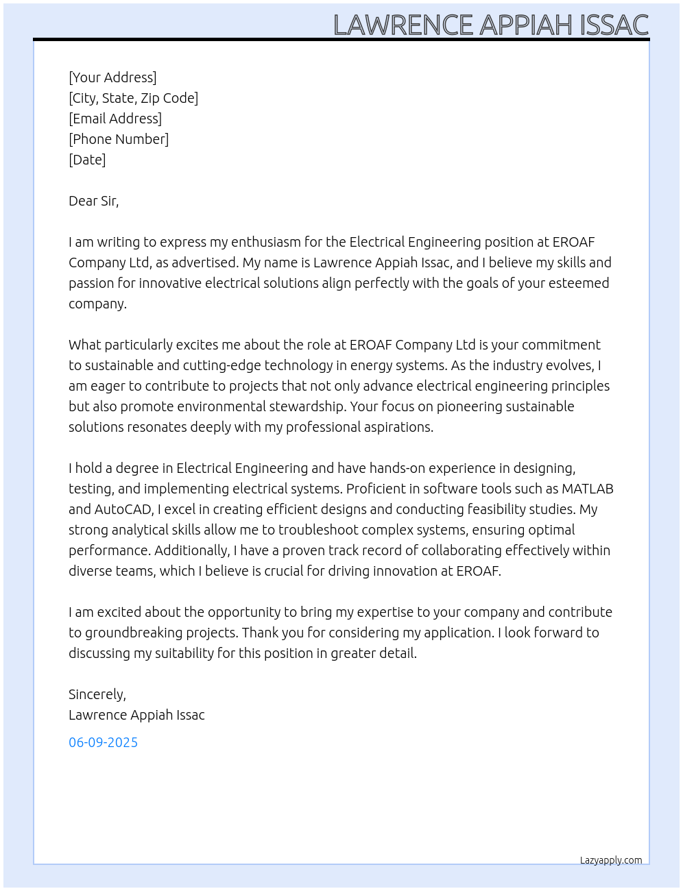 electrical engineering At EROAF COMPANY LTD Cover Letter