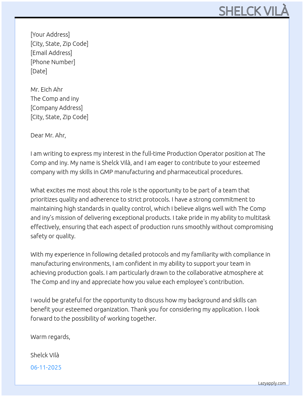 Production Operator At The Comp and iny Cover Letter