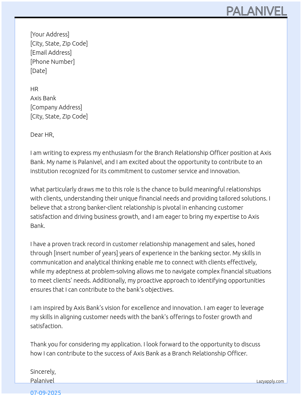 Branch relationship officer At Axis bank Cover Letter