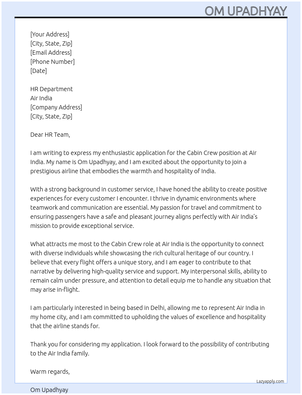 Cabin crew  At Air India  Cover Letter