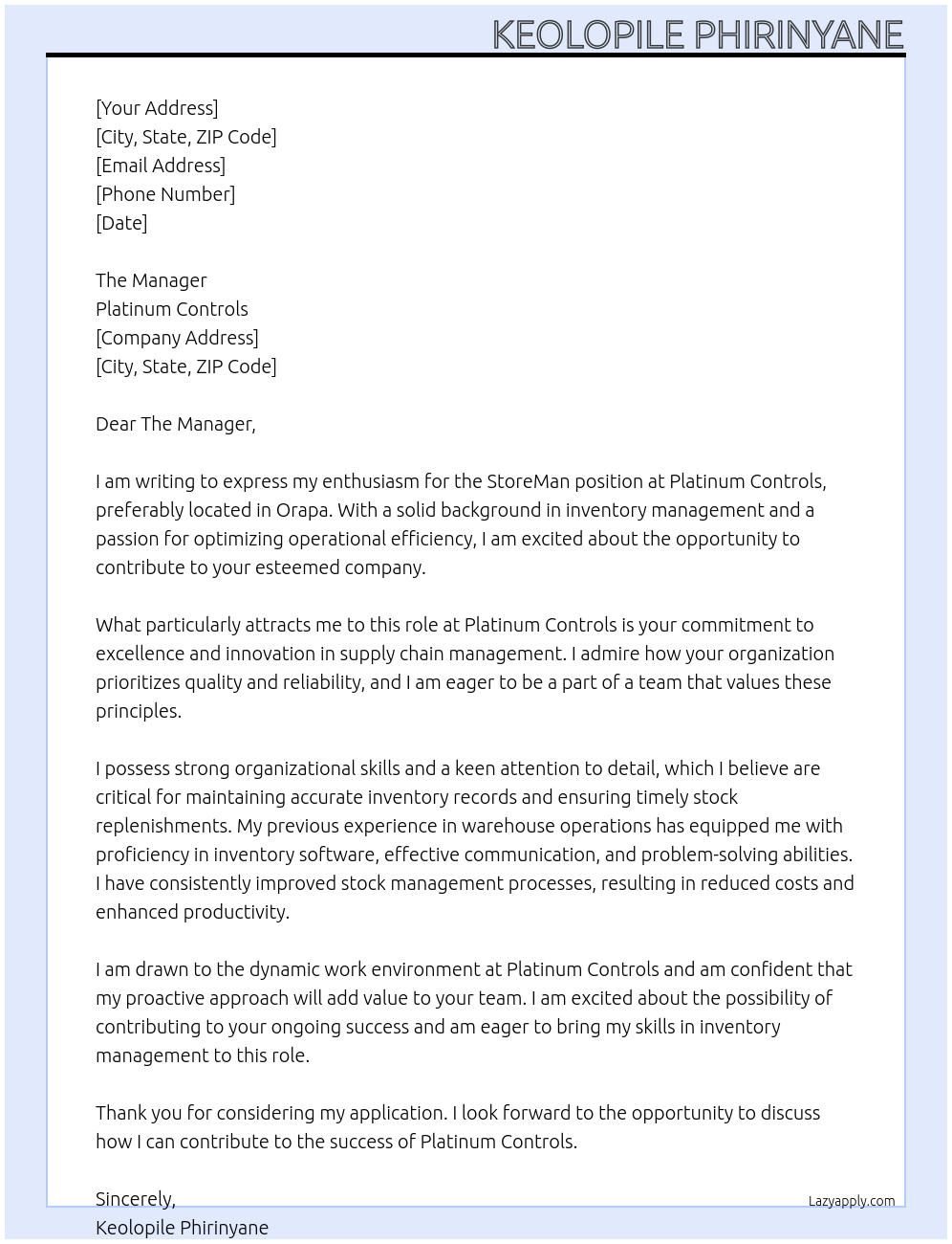 StoreMan At Platinum Controls Cover Letter