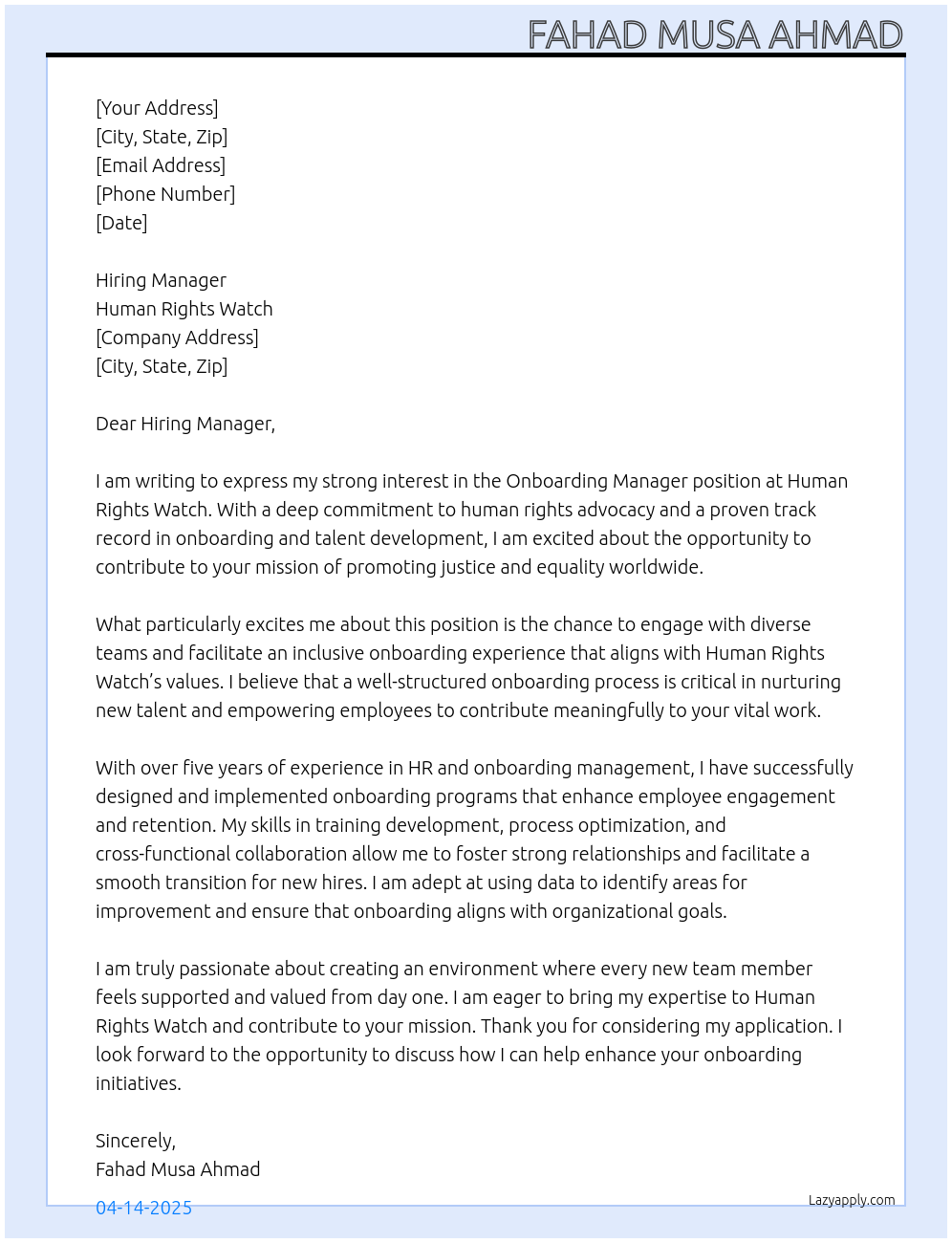 Cover letter for onboarding manager - LazyApply