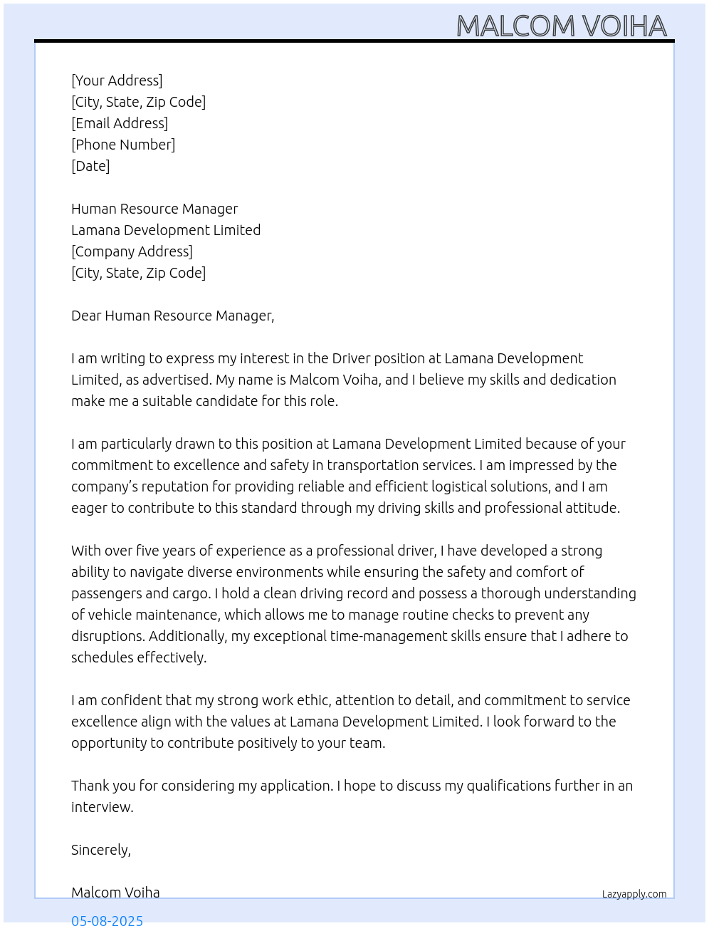 Driver position At Lamana Development Limited Cover Letter