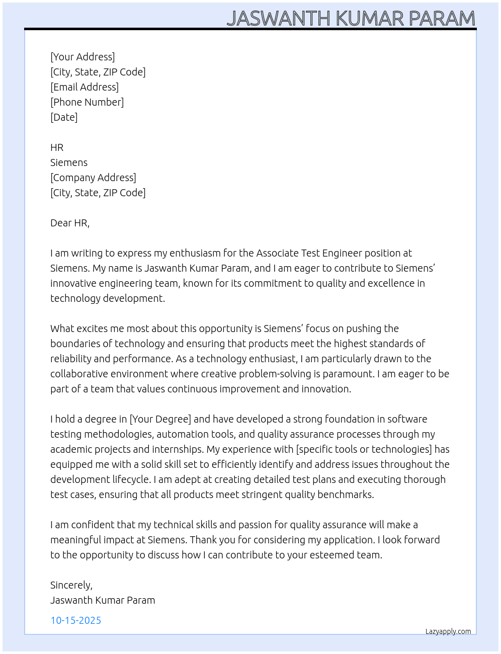 Associate Test Engineer At Simens Cover Letter