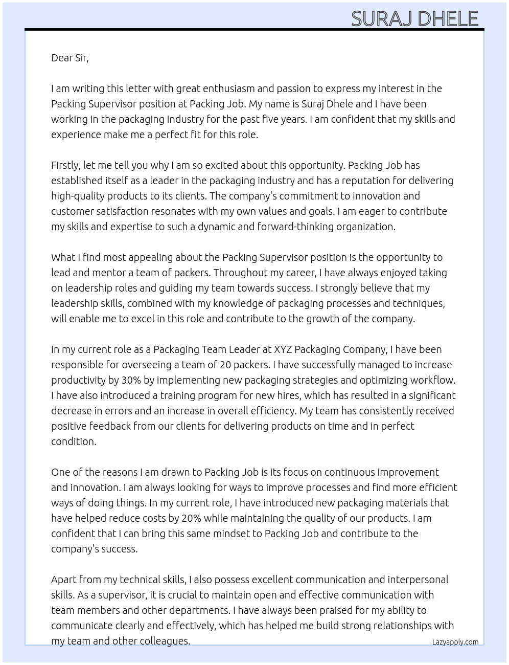 Packing supervisor  At Packing job  Cover Letter