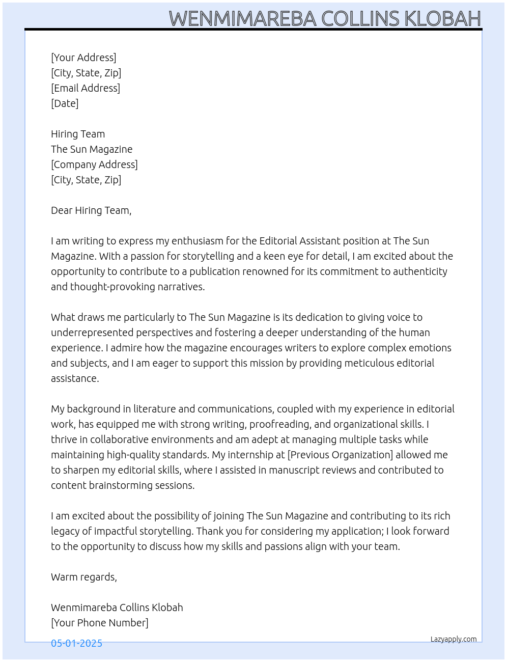 Editorial Assistant At The Sun Magazine Cover Letter