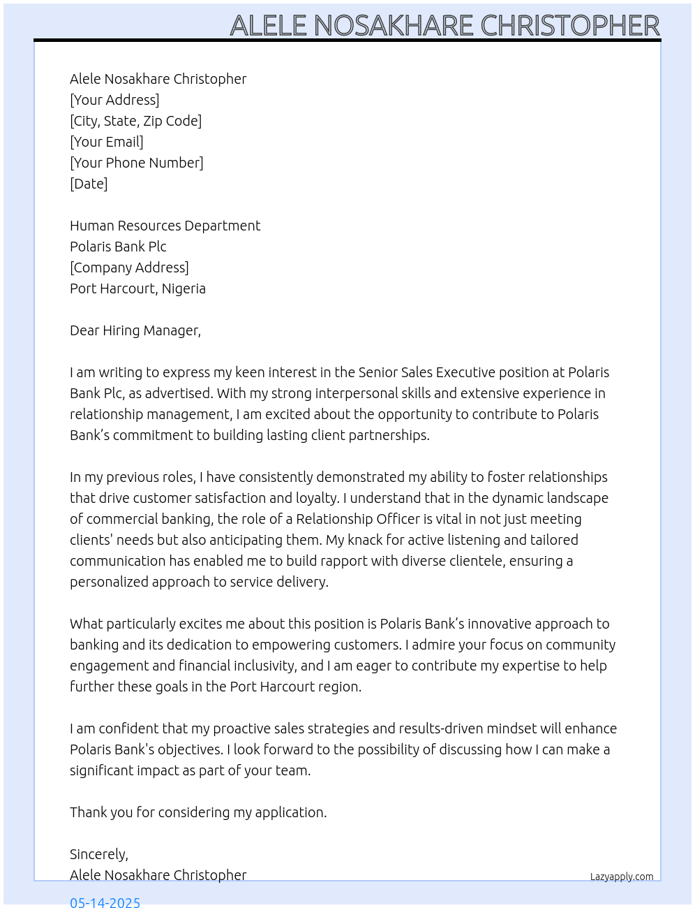 Cover letter for senior sales executive - LazyApply