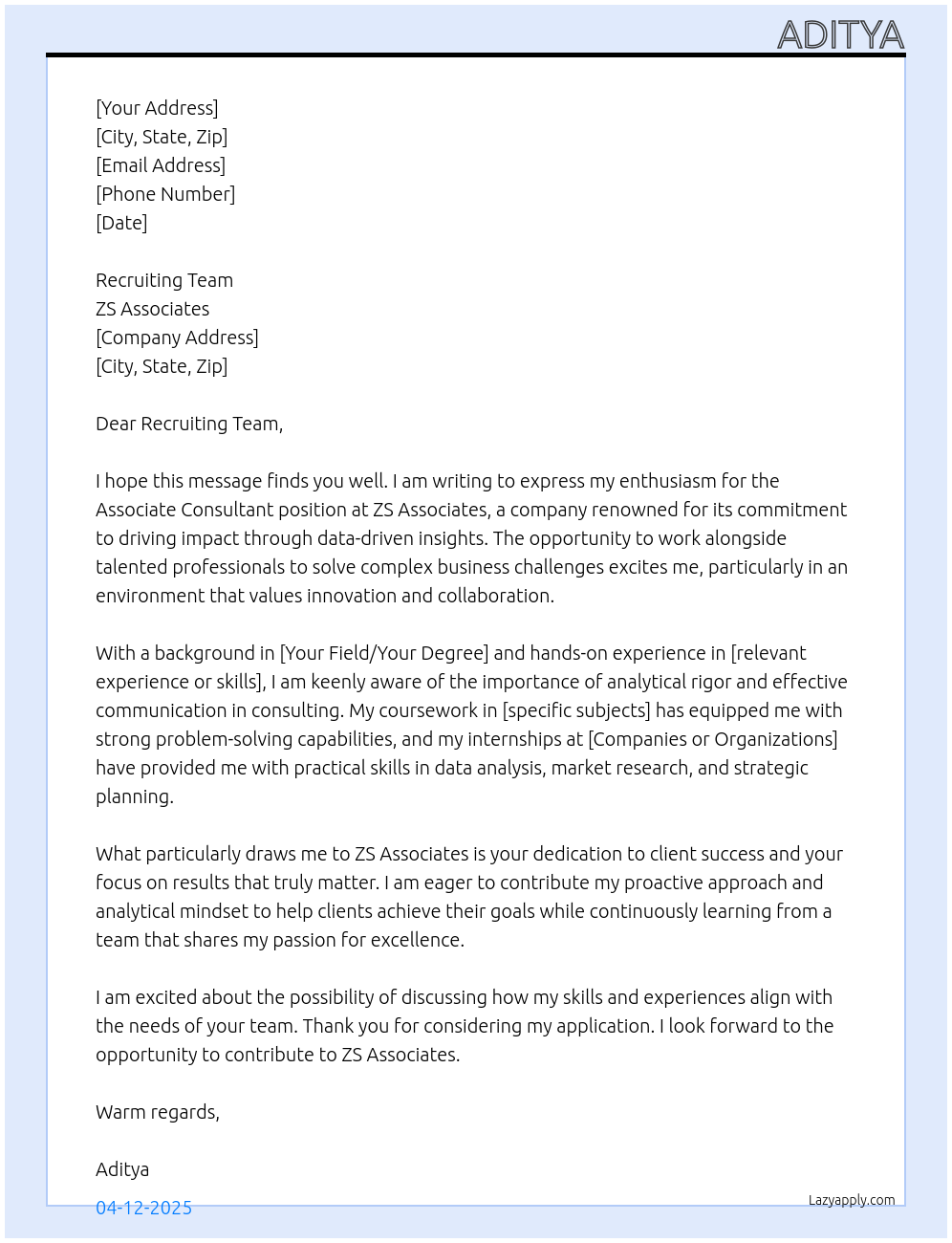 Associate consultant At ZS Associates Cover Letter