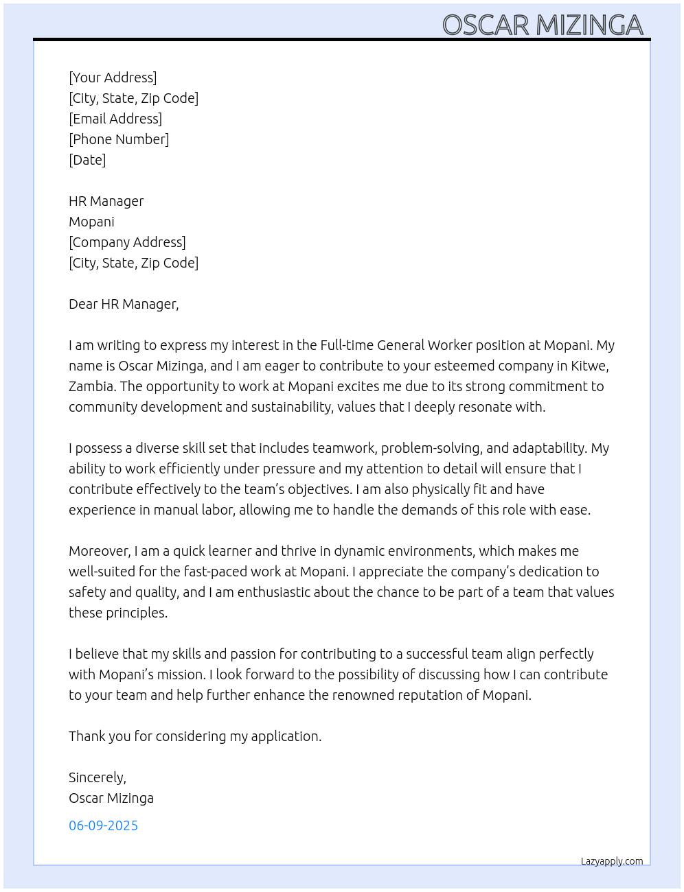 General worker At Mopani Cover Letter