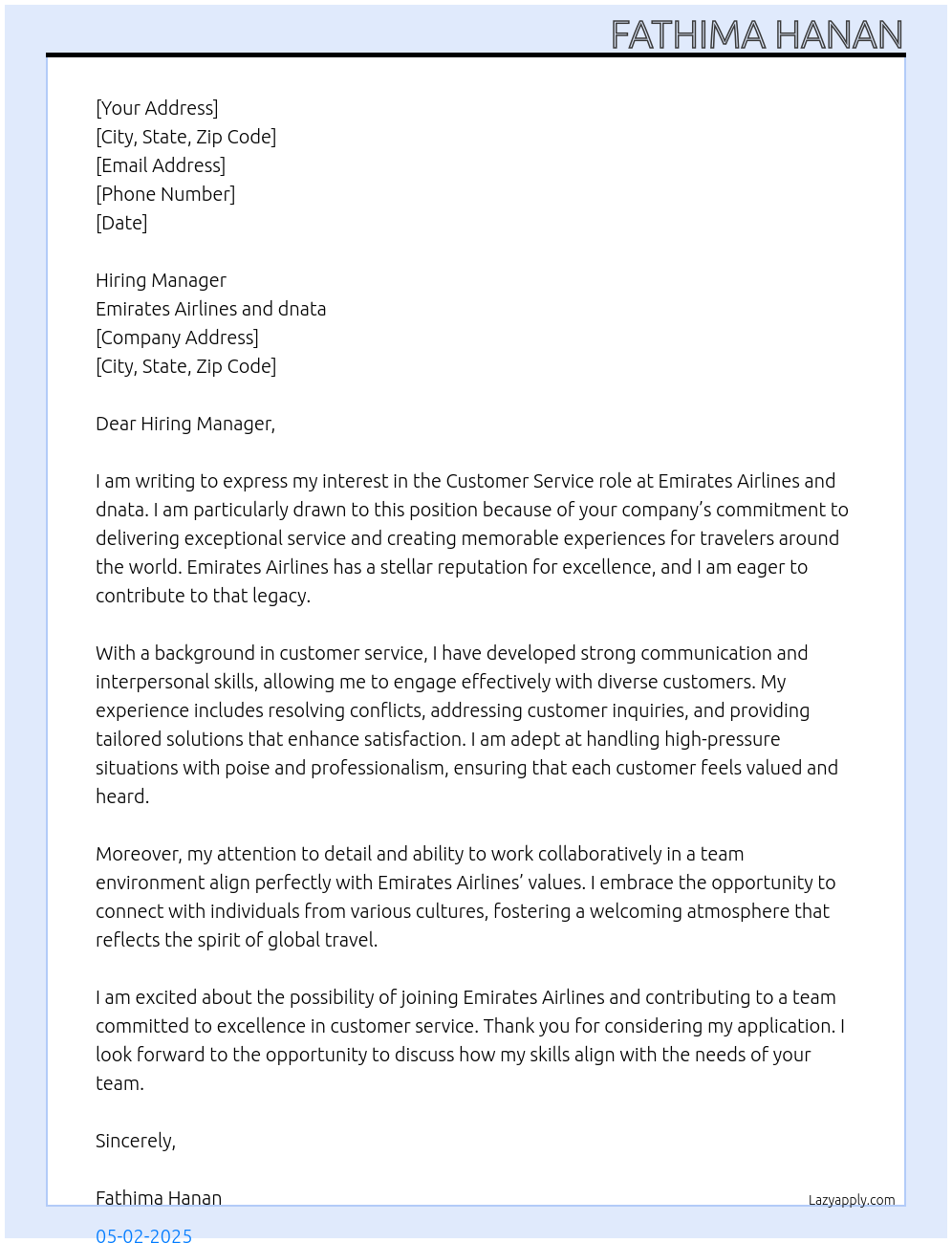 Customer service role At Emirates Airlines and dnata Cover Letter