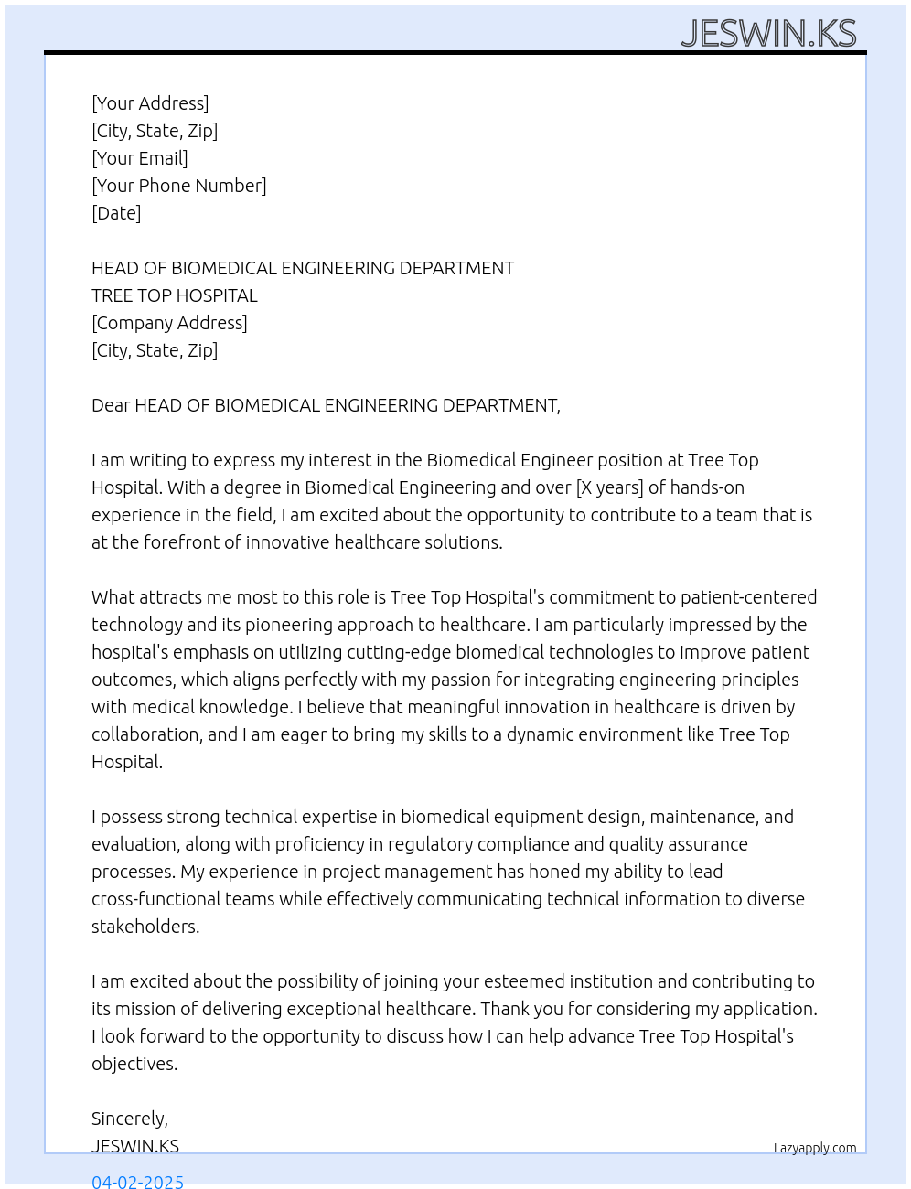 Biomedical Engineer At TREE TOP HOSPITAL Cover Letter