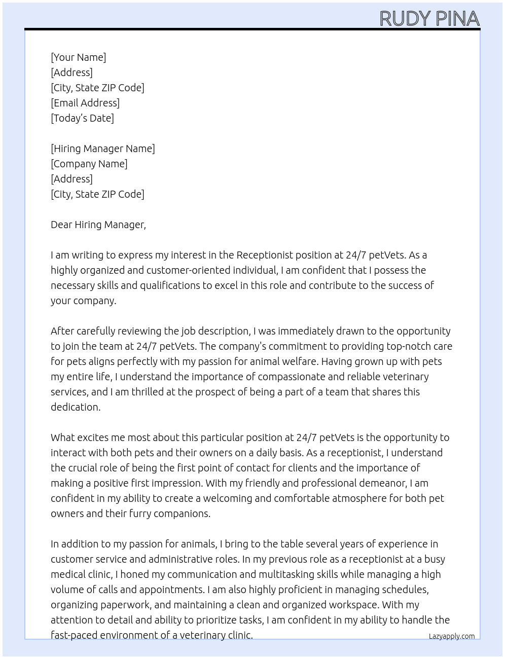 Receptionist At 24/7 petVets Cover Letter