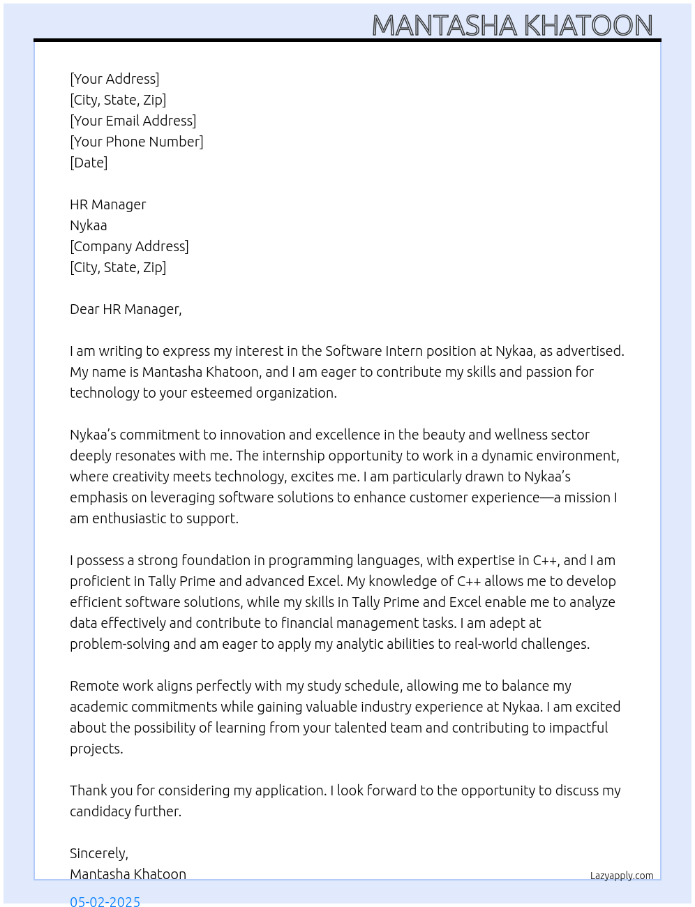 Software employee At Nykaa Cover Letter