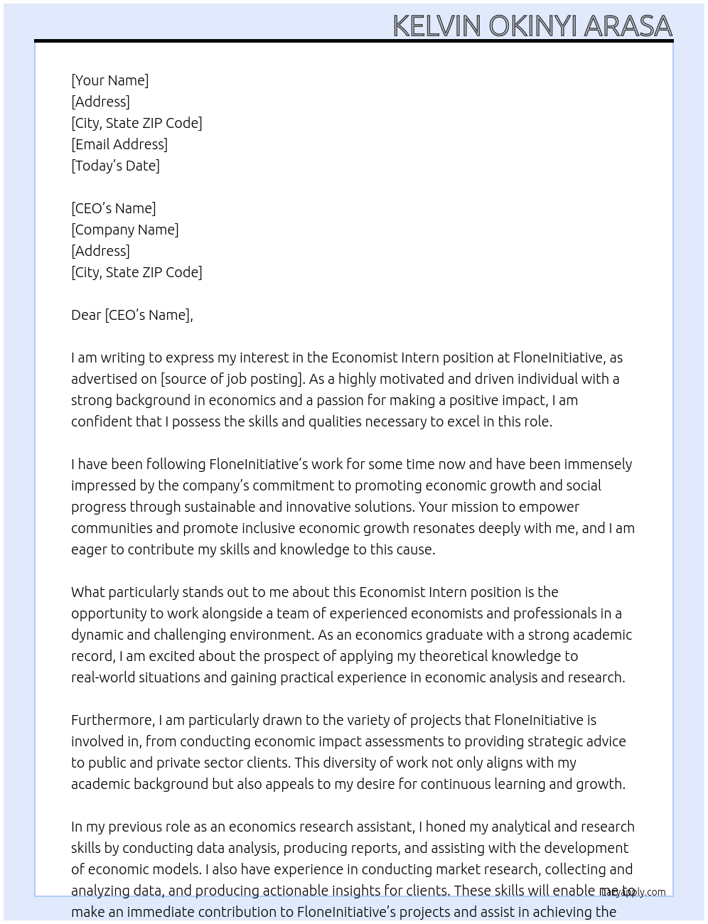 Cover letter for economist intern - LazyApply