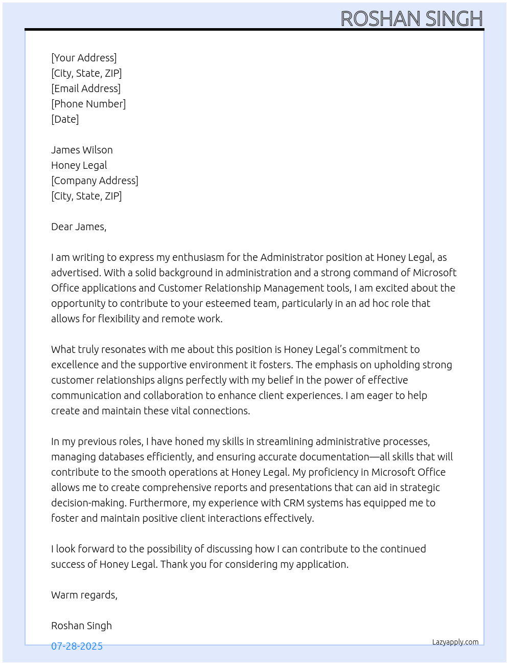 Administrator At Honey Legal Cover Letter