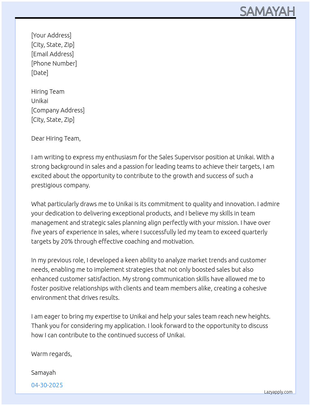Sales supervisor At Unikai Cover Letter
