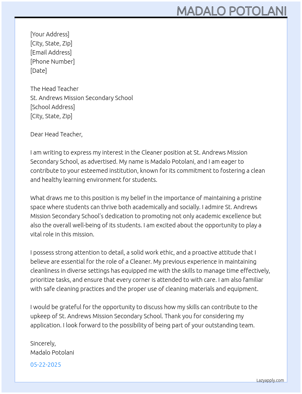 Cleaner At St. Andrews Mission SEcondary School  Cover Letter