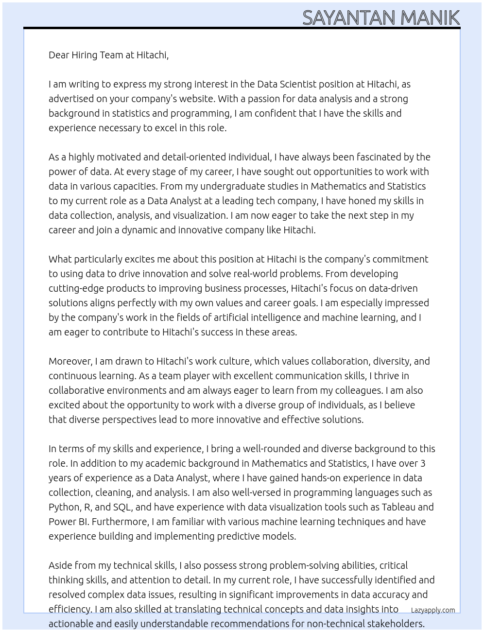 Data Scientist At Hitachi Cover Letter