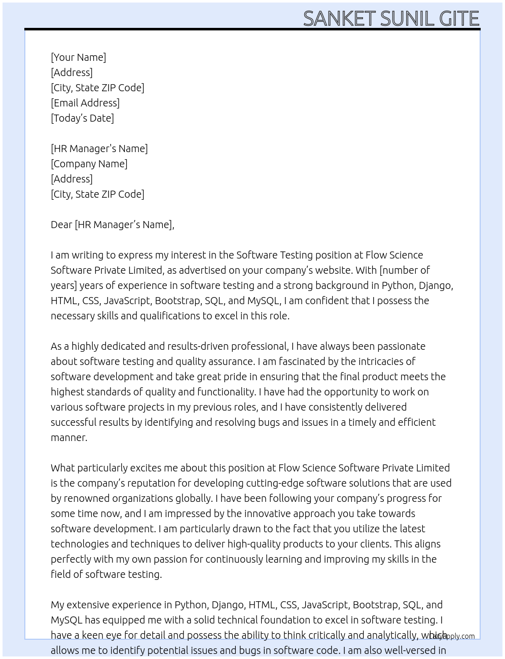 Software Testing   At Flow Science Software Private Limited Cover Letter