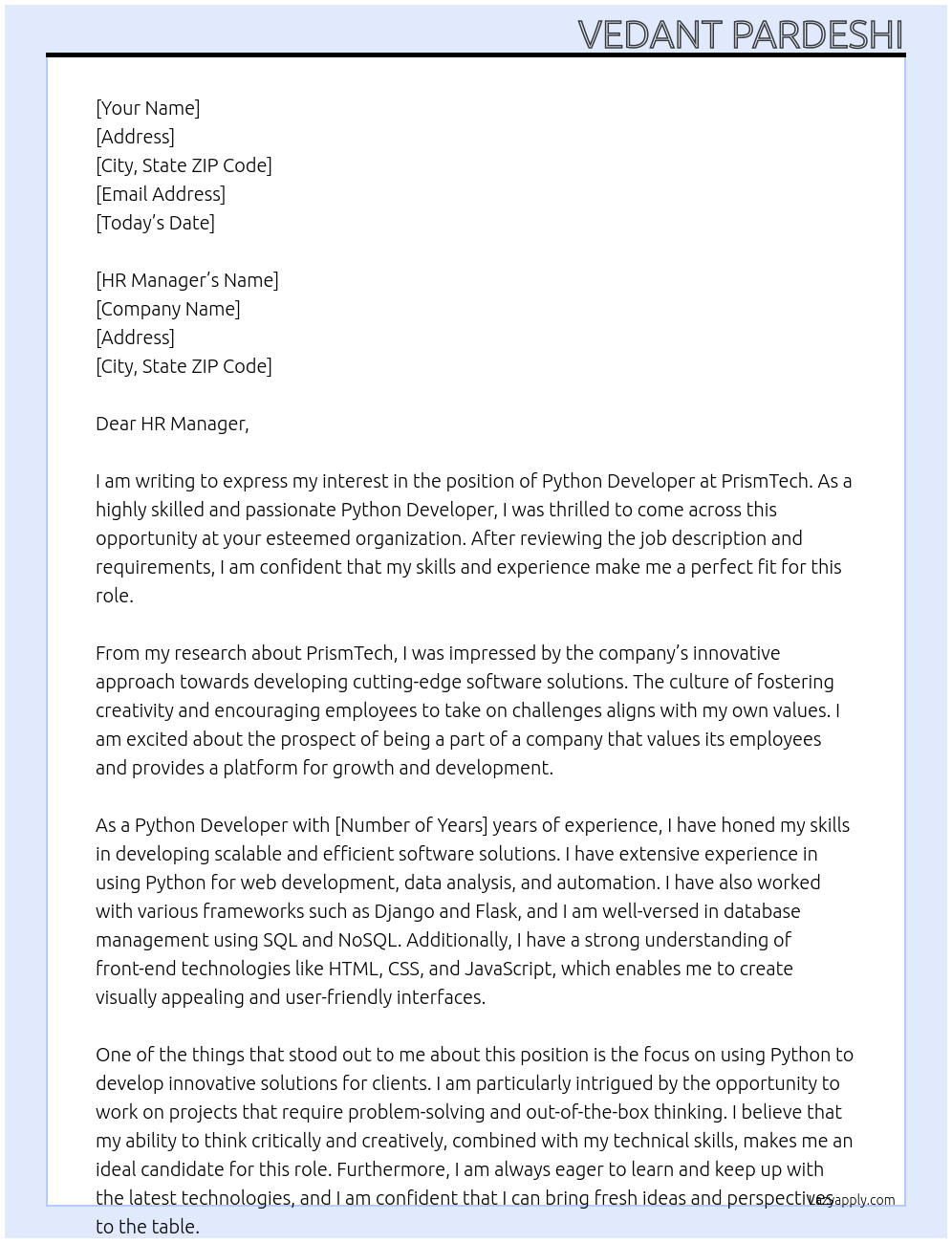 Python Developer At PrismTech Cover Letter