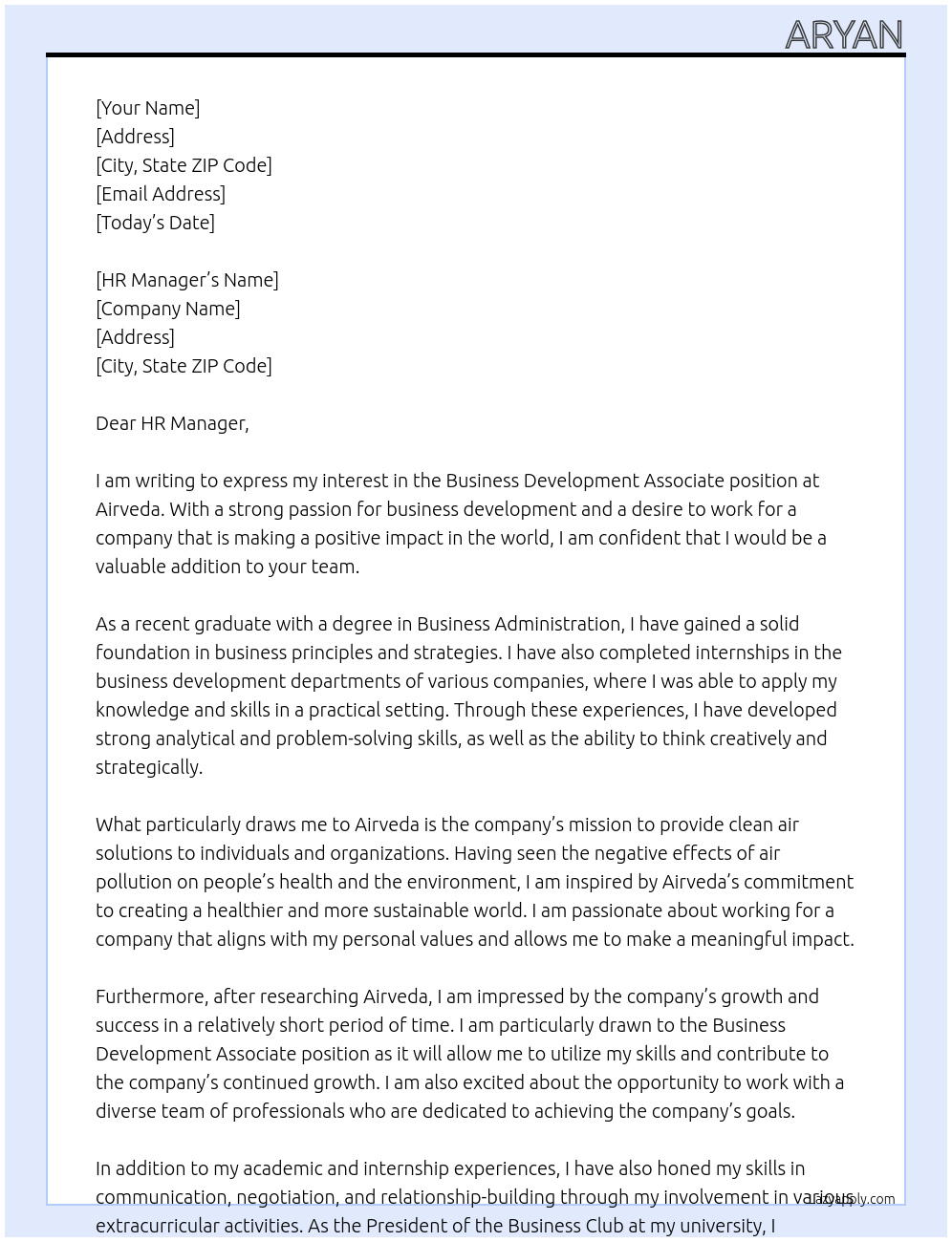 Business Development Associate At Airveda Cover Letter