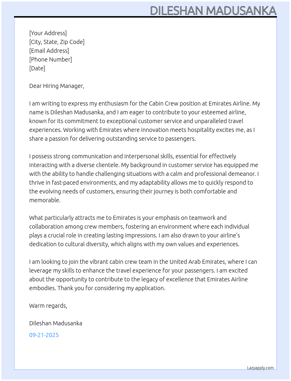 Cabin Crew At Emirates Airline Cover Letter