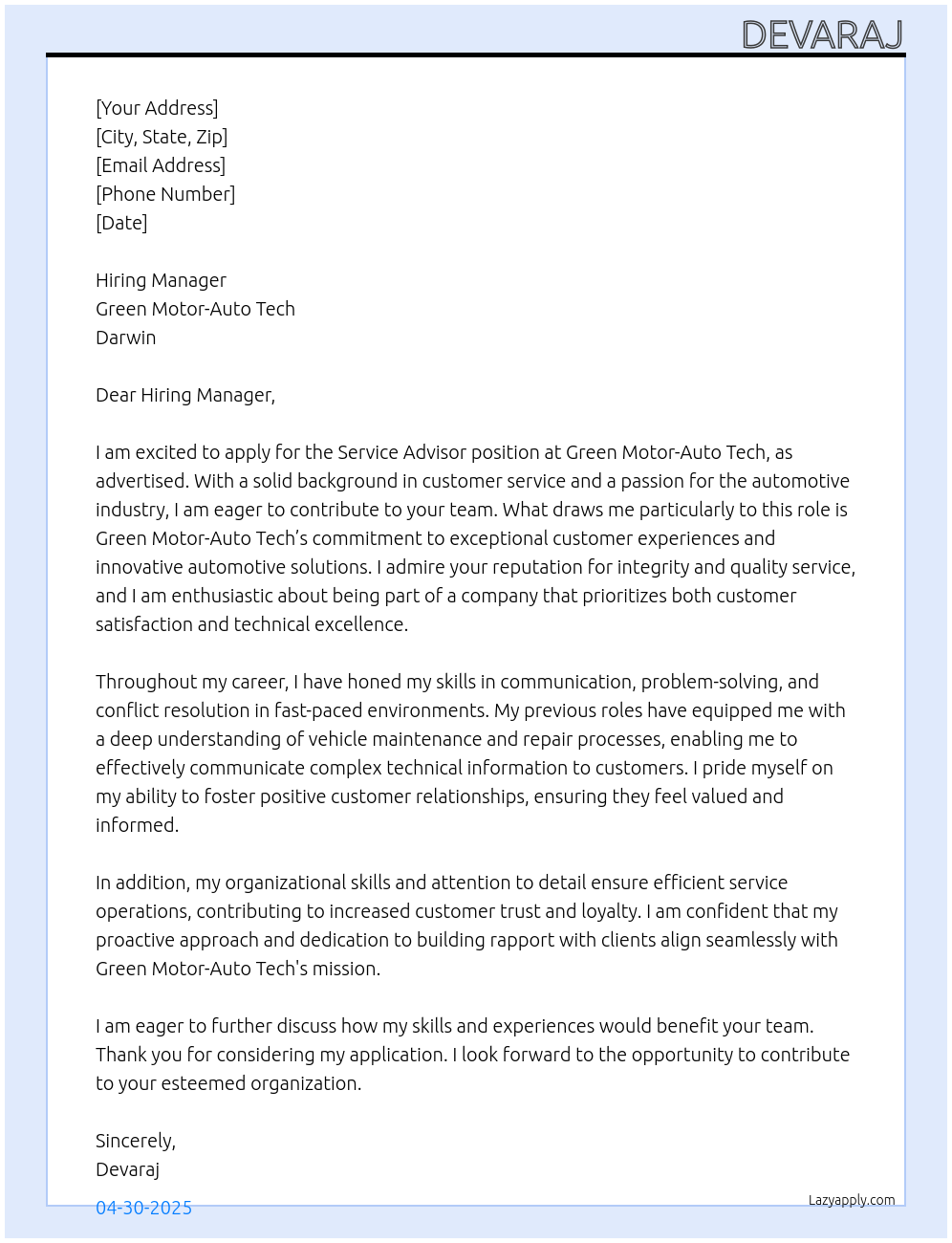 service advisor At Darwin Cover Letter