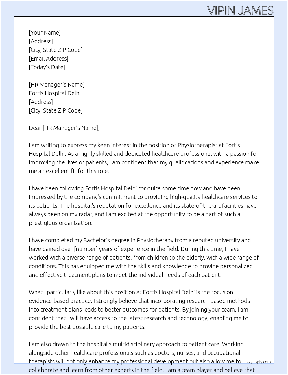 PHYSIOTHERAPIST At FORTIS HOSPITAL DELHI Cover Letter