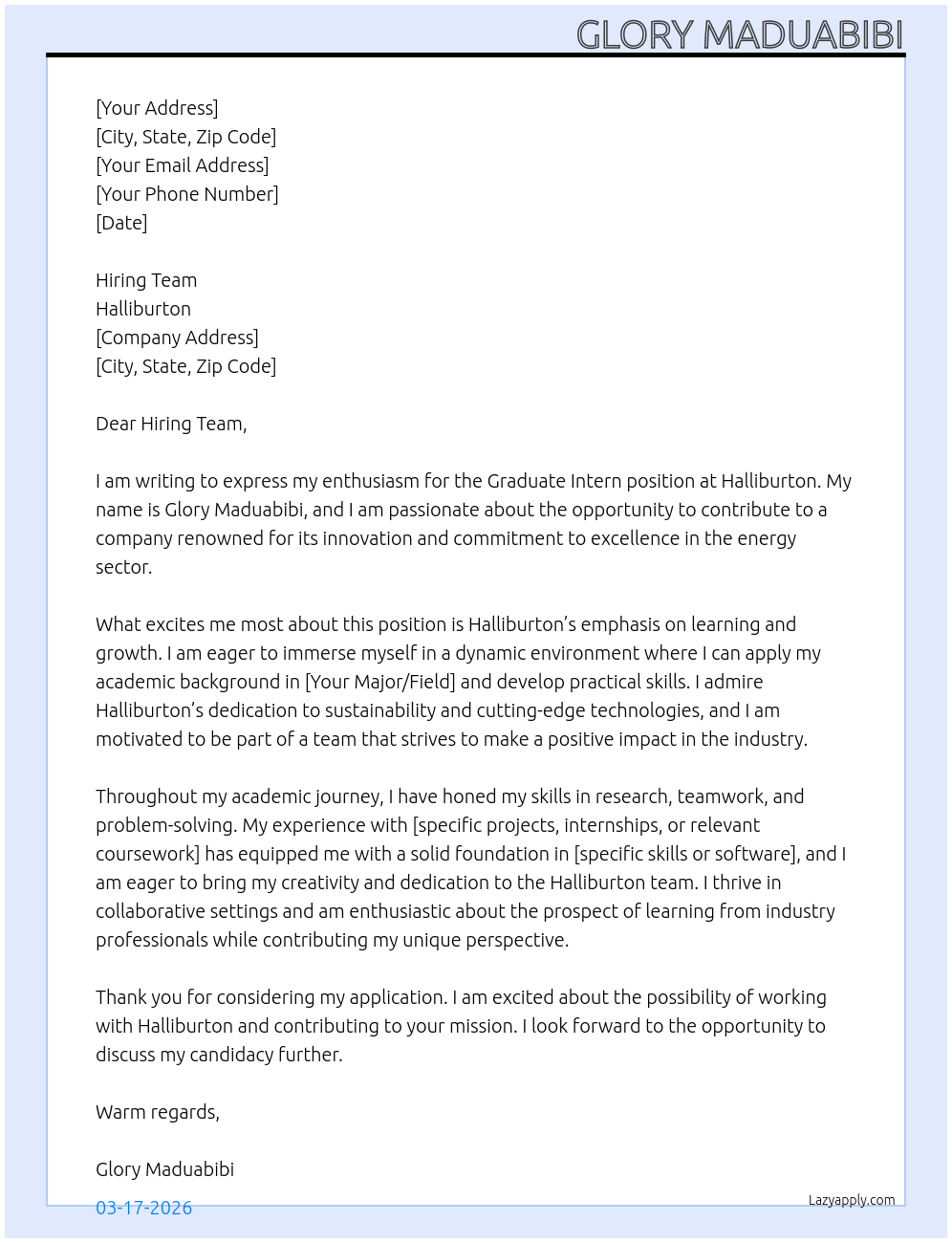 Graduate Intern At Halliburton Cover Letter