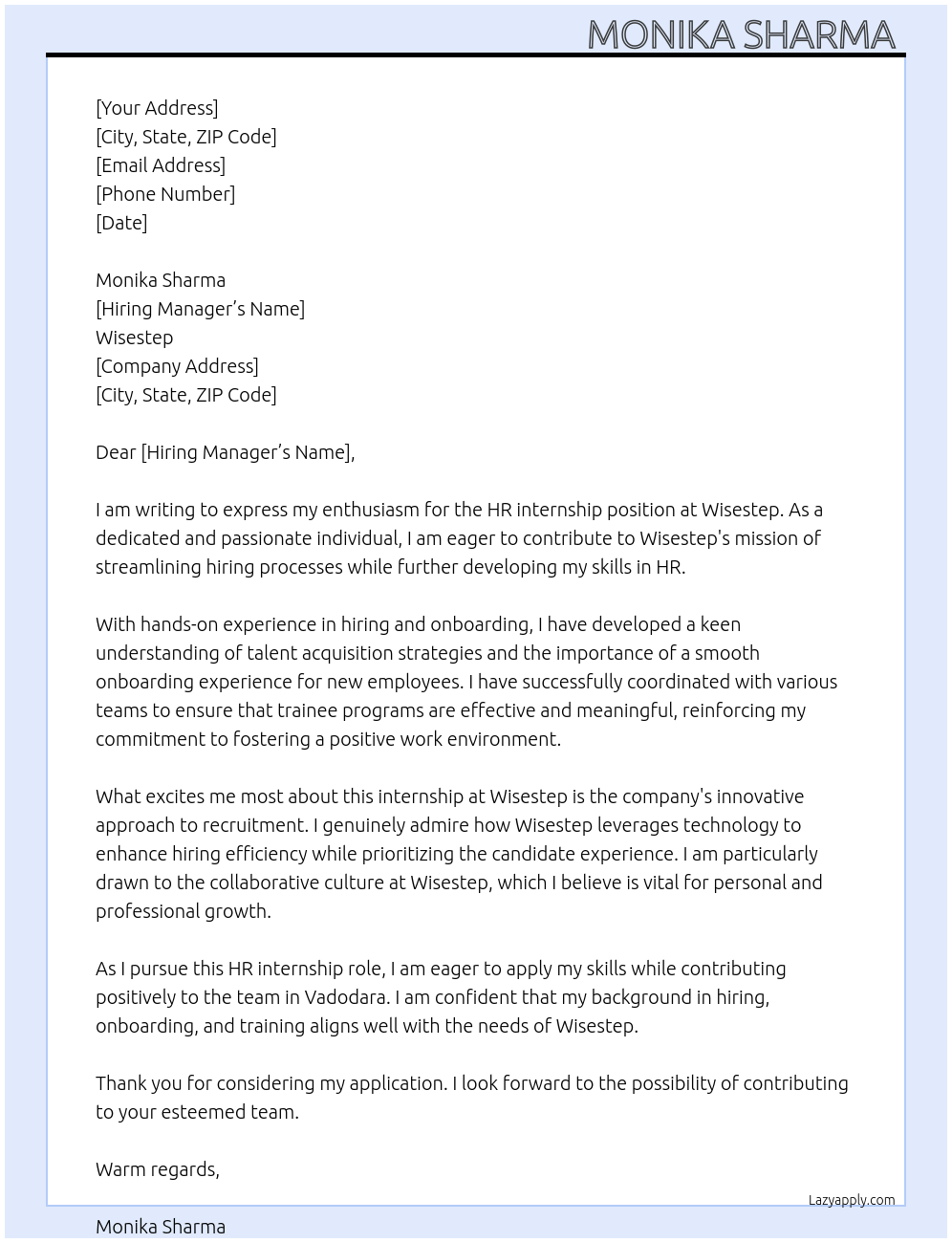 Cover letter for hr internship - LazyApply