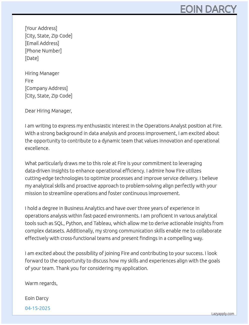 Operations Analyst At Fire Cover Letter