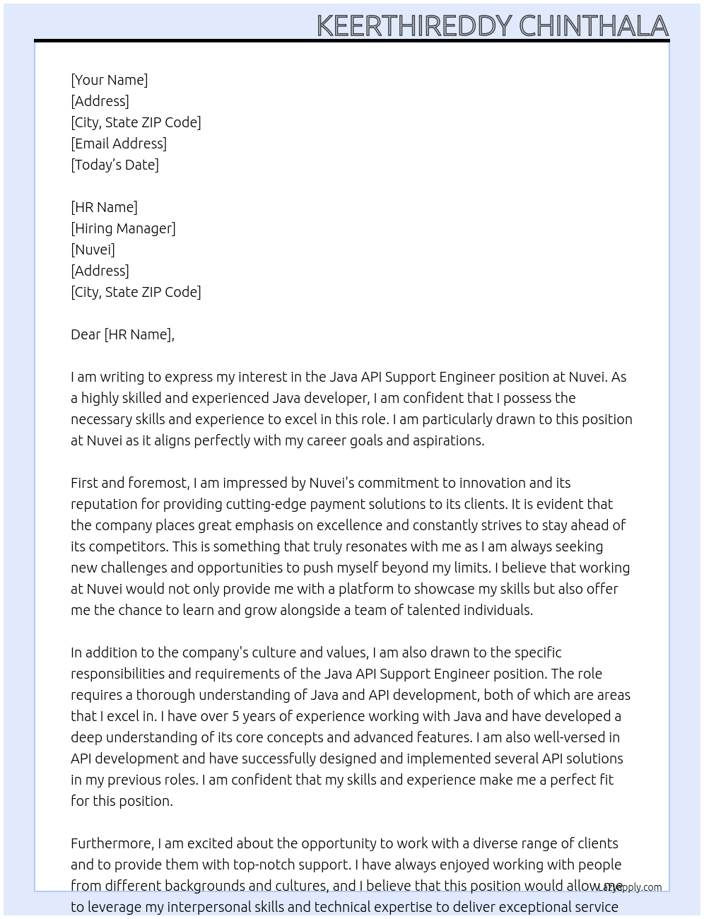 Cover letter for java api support engineer - LazyApply