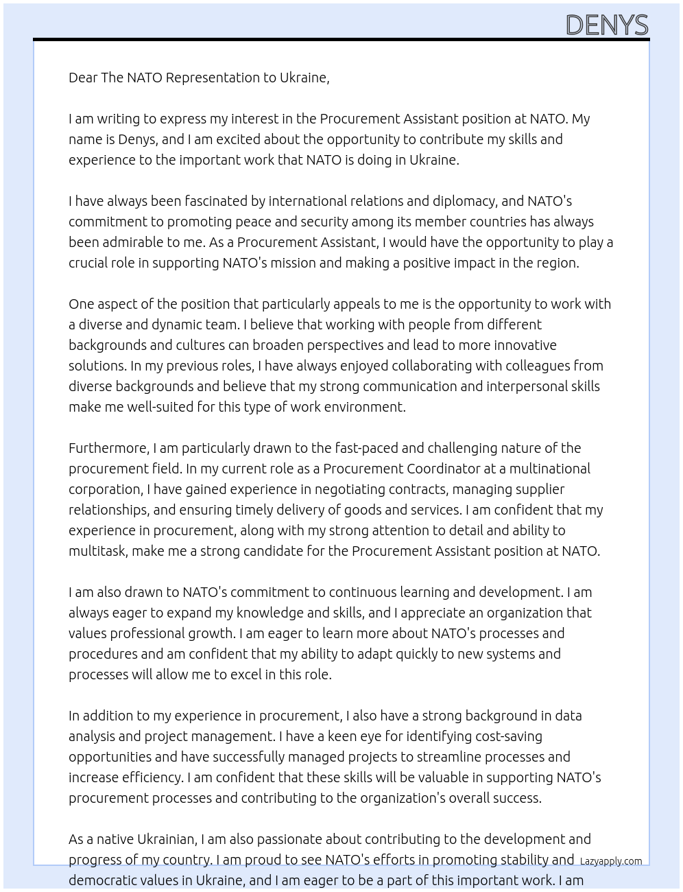 Procurement Assistant At NATO Cover Letter