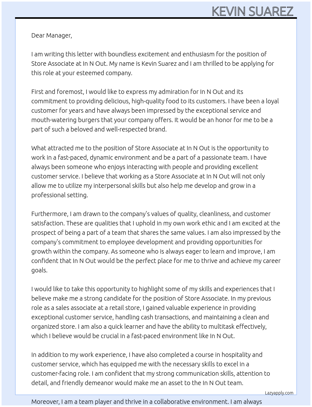 Store Associate At In N Out Cover Letter