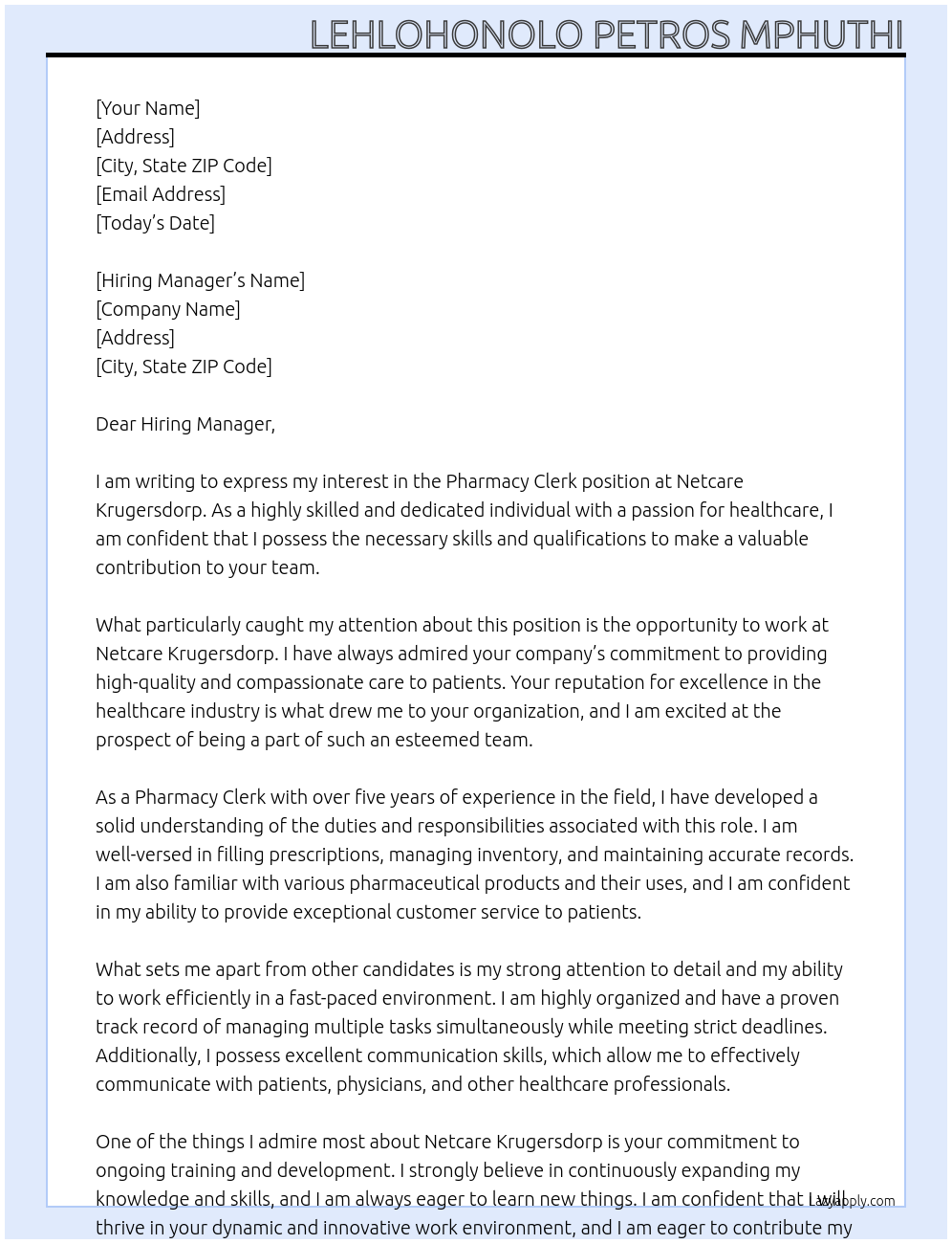 Pharmacy Clerk At Netcare Krugersdorp  Cover Letter