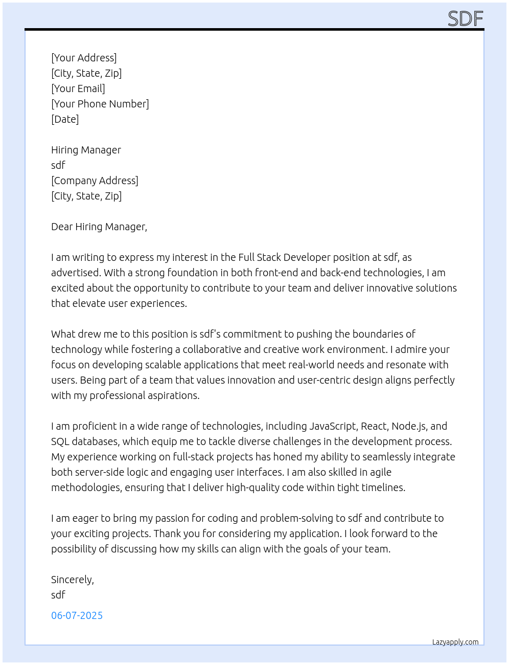 Full Stack Developer At sdf Cover Letter