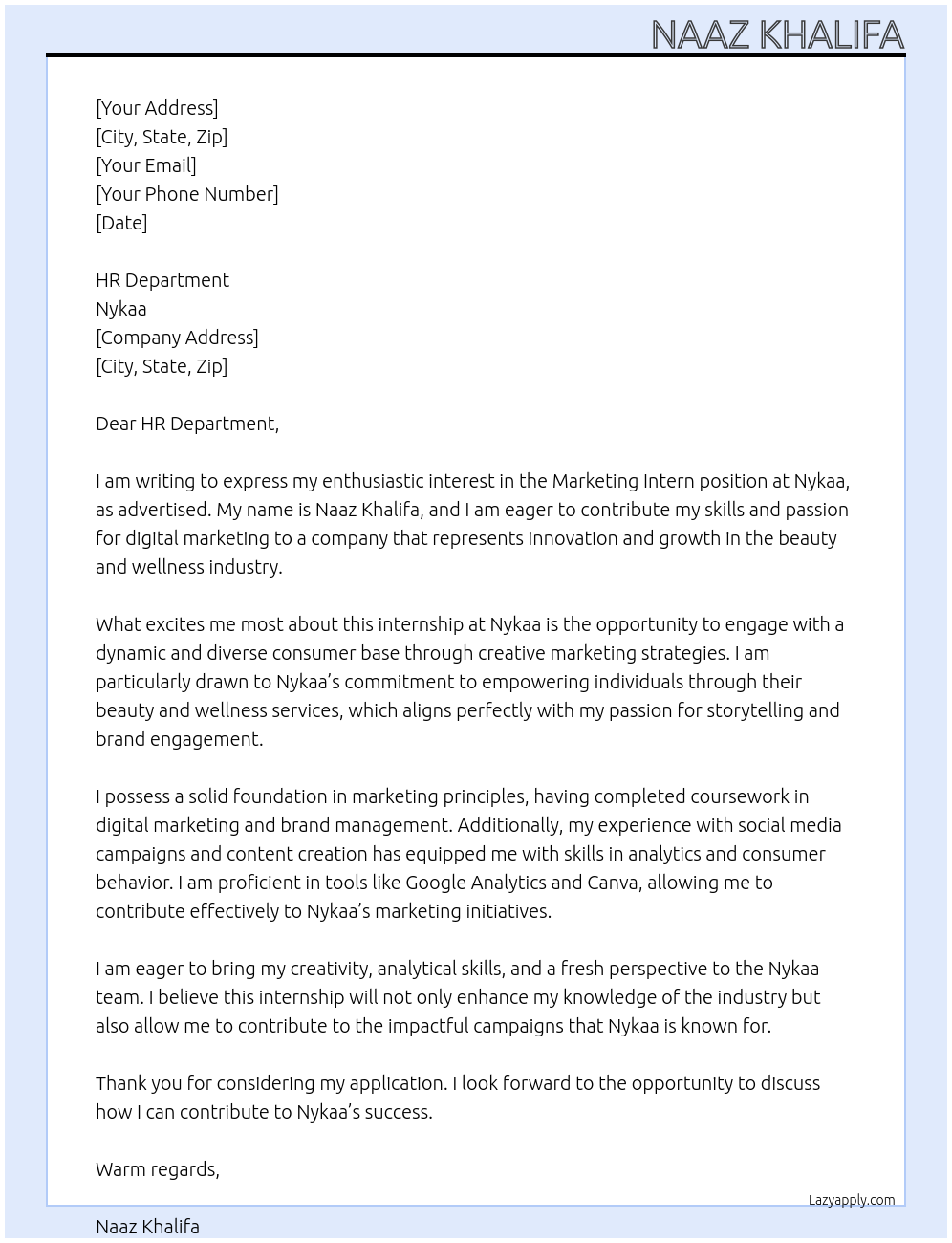 Cover letter for marketing intern - LazyApply
