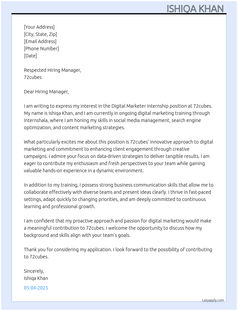 Digital marketer At 72cubes Cover Letter