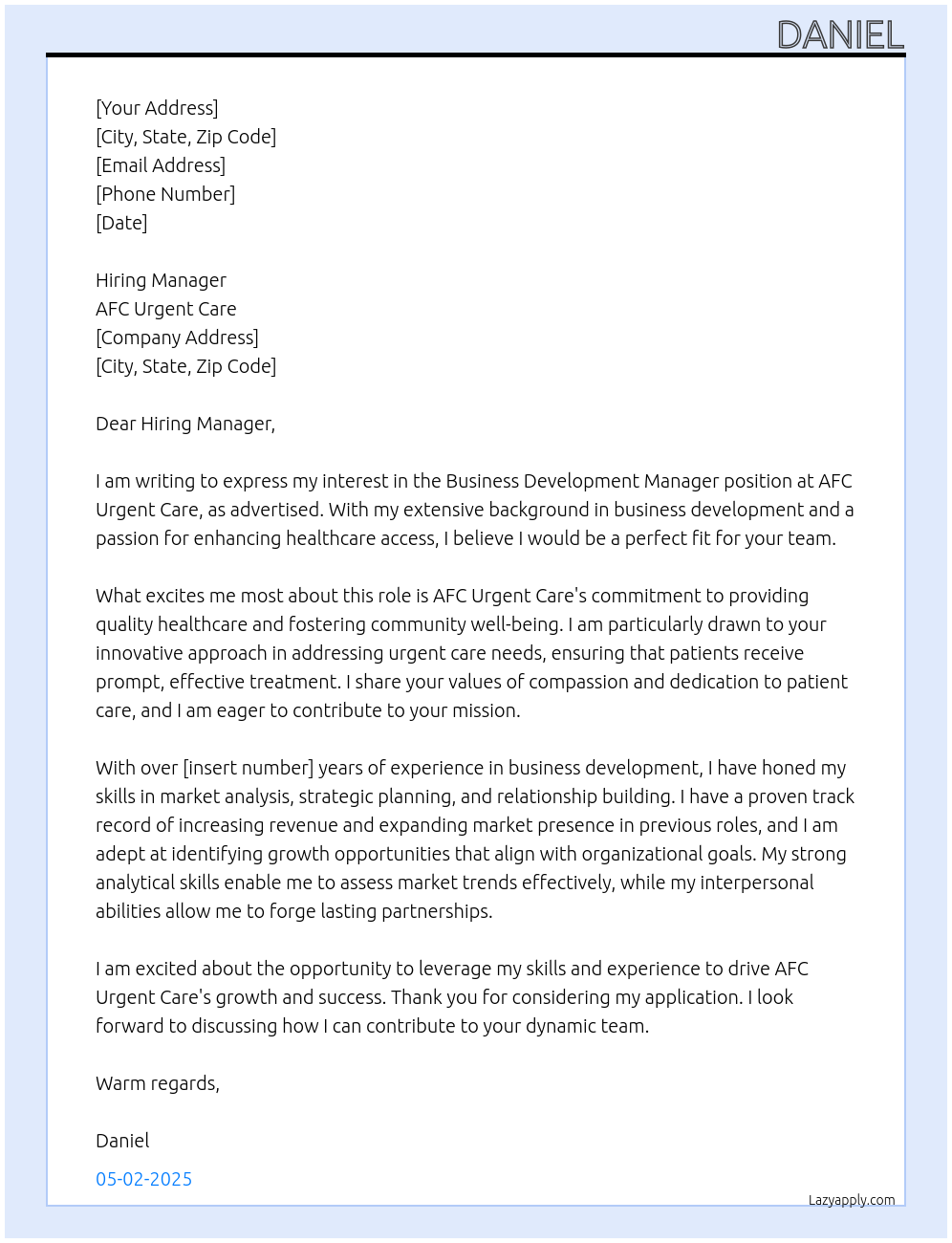 Business Development Manager At AFC Urgent Care Cover Letter