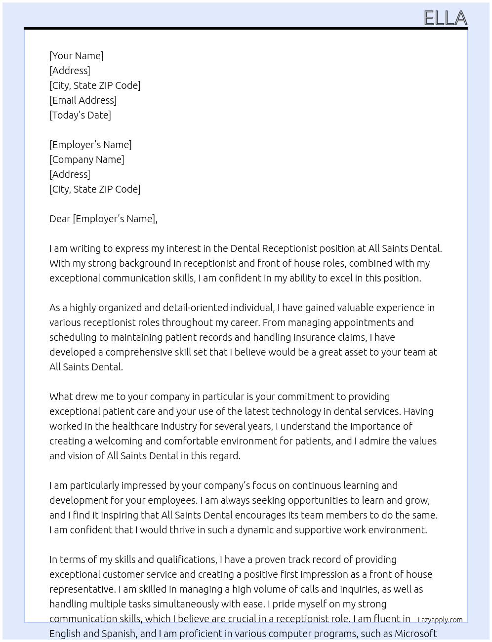 dental receptionist At All saints dental Cover Letter
