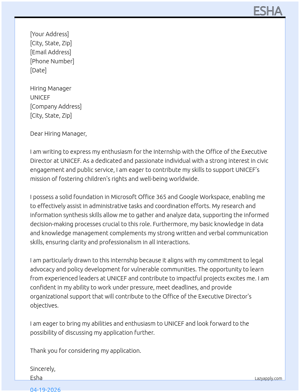 Internship with the Office of the Executive Director At Unicef Cover Letter