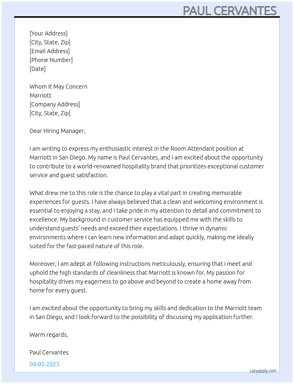 Room Attendant  At Marriott  Cover Letter