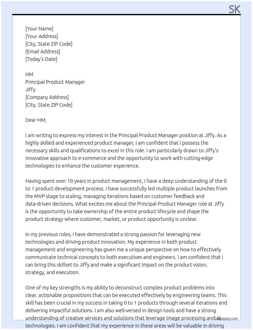 Principal Product Manager At Jiffy Cover Letter