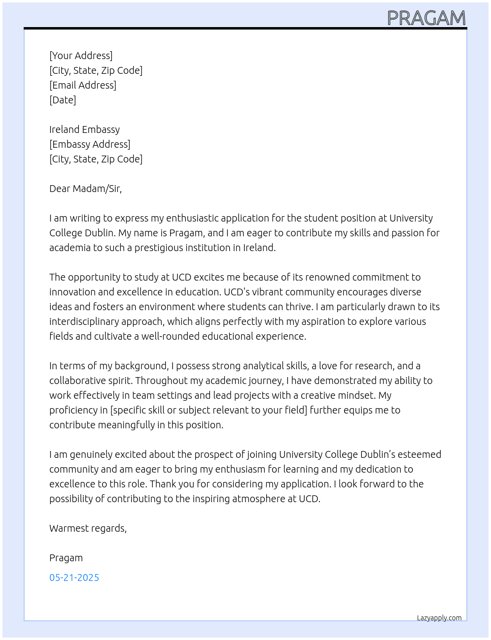 student At university college dublin Cover Letter